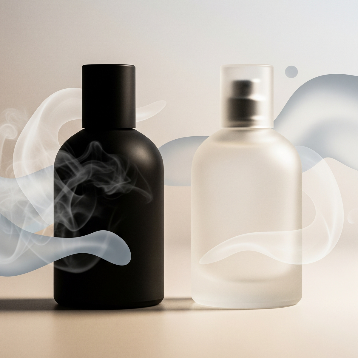 Black and white perfume bottles with smoke effects on a neutral background